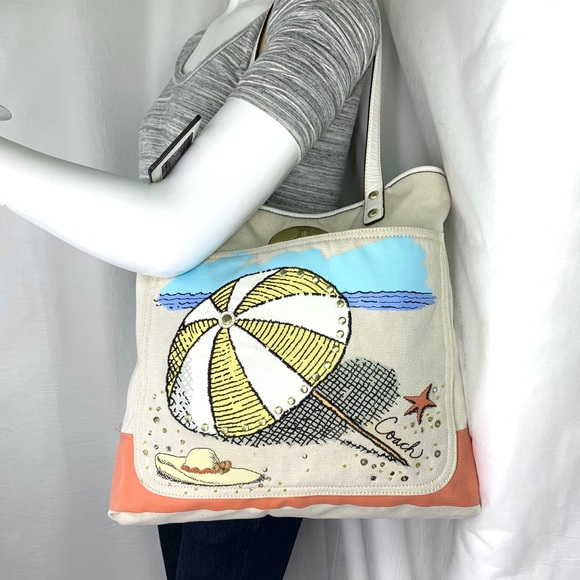 Coach Pierre Le Tan 14962 Beach Umbrella Canvas Tote Shoulder Bag Embellish Rare - Picture 2 of 11